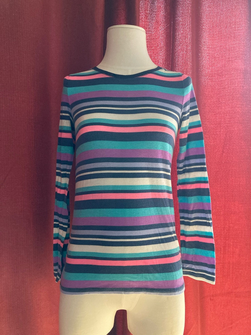P.S. Aeropostale Striped Long-Sleeve Crewneck Top in Teal, Purple & Pink